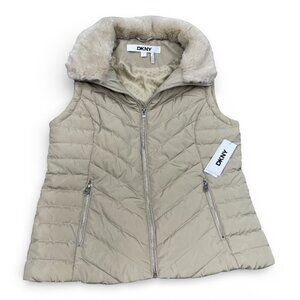 DKNY Faux Fur Collar Full Zip Puffer Vest Jacket New Tags Women's S